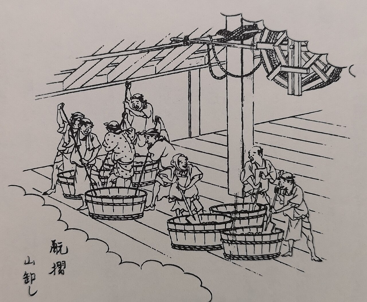桶の中の酛を櫂ですり潰す蔵人たちの挿絵