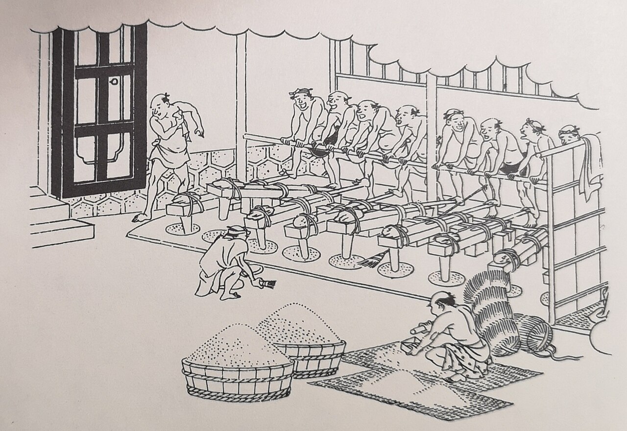 足で杵を動かして米を搗く人々の挿絵