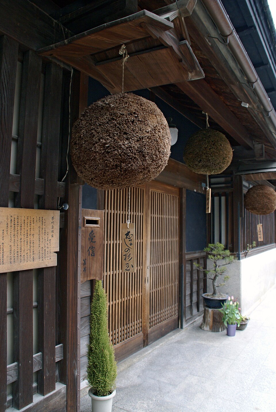 古い町並みの軒先に並んで吊るされた茶色の杉玉